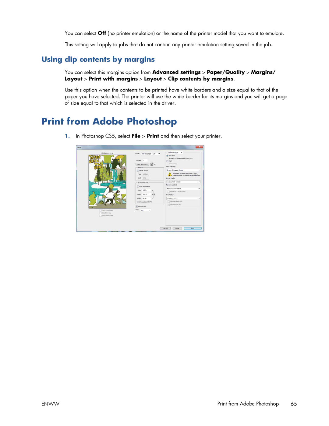 HP T520 manual Print from Adobe Photoshop, Using clip contents by margins 