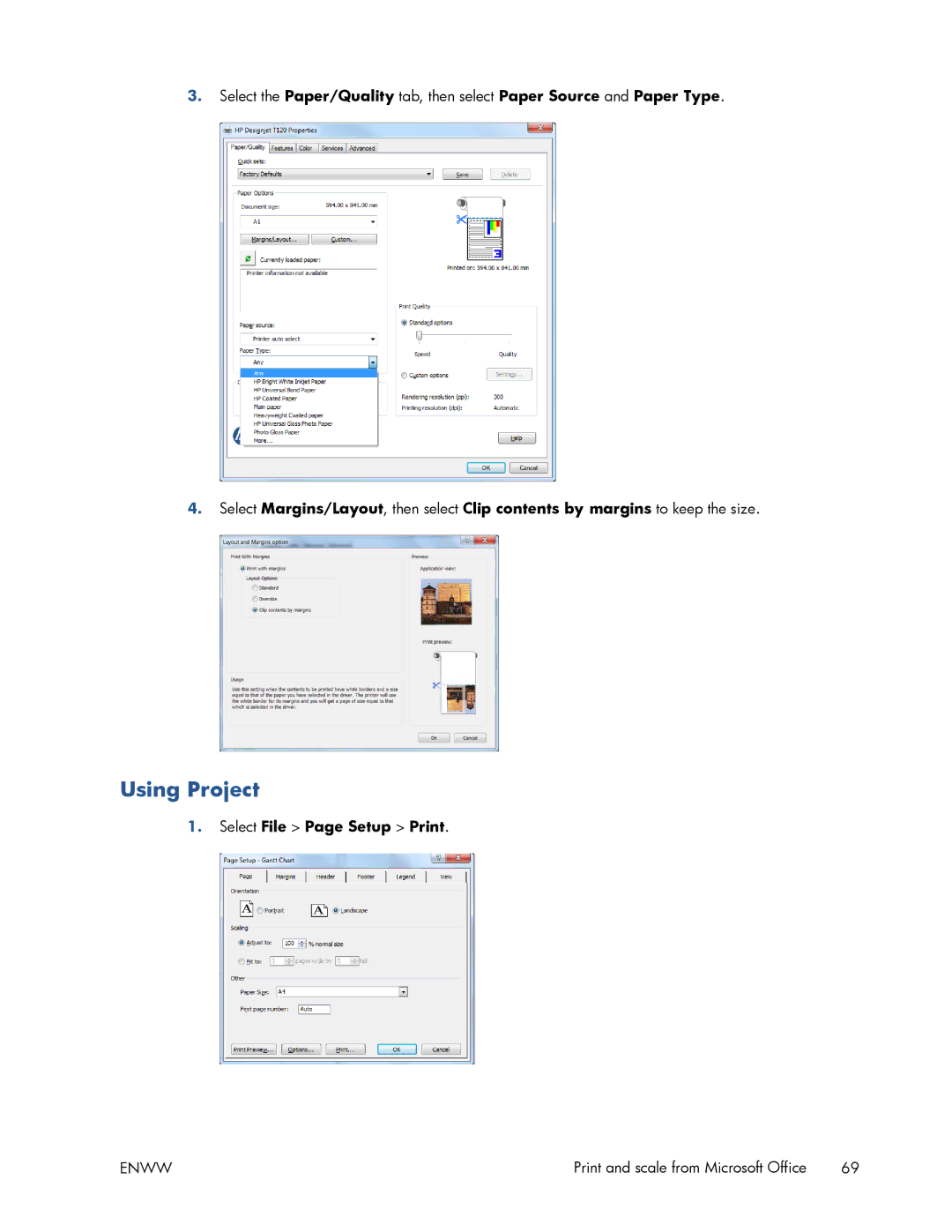 HP T520 manual Using Project, Select File Page Setup Print 