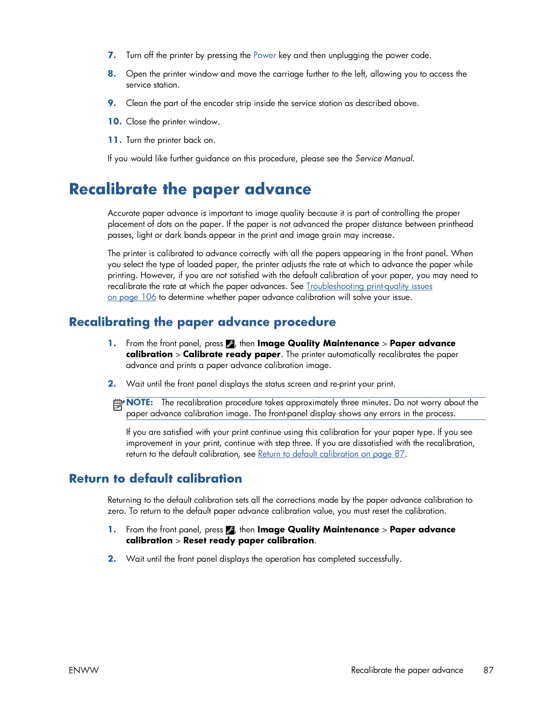 HP T520 manual Recalibrate the paper advance, Recalibrating the paper advance procedure, Return to default calibration 