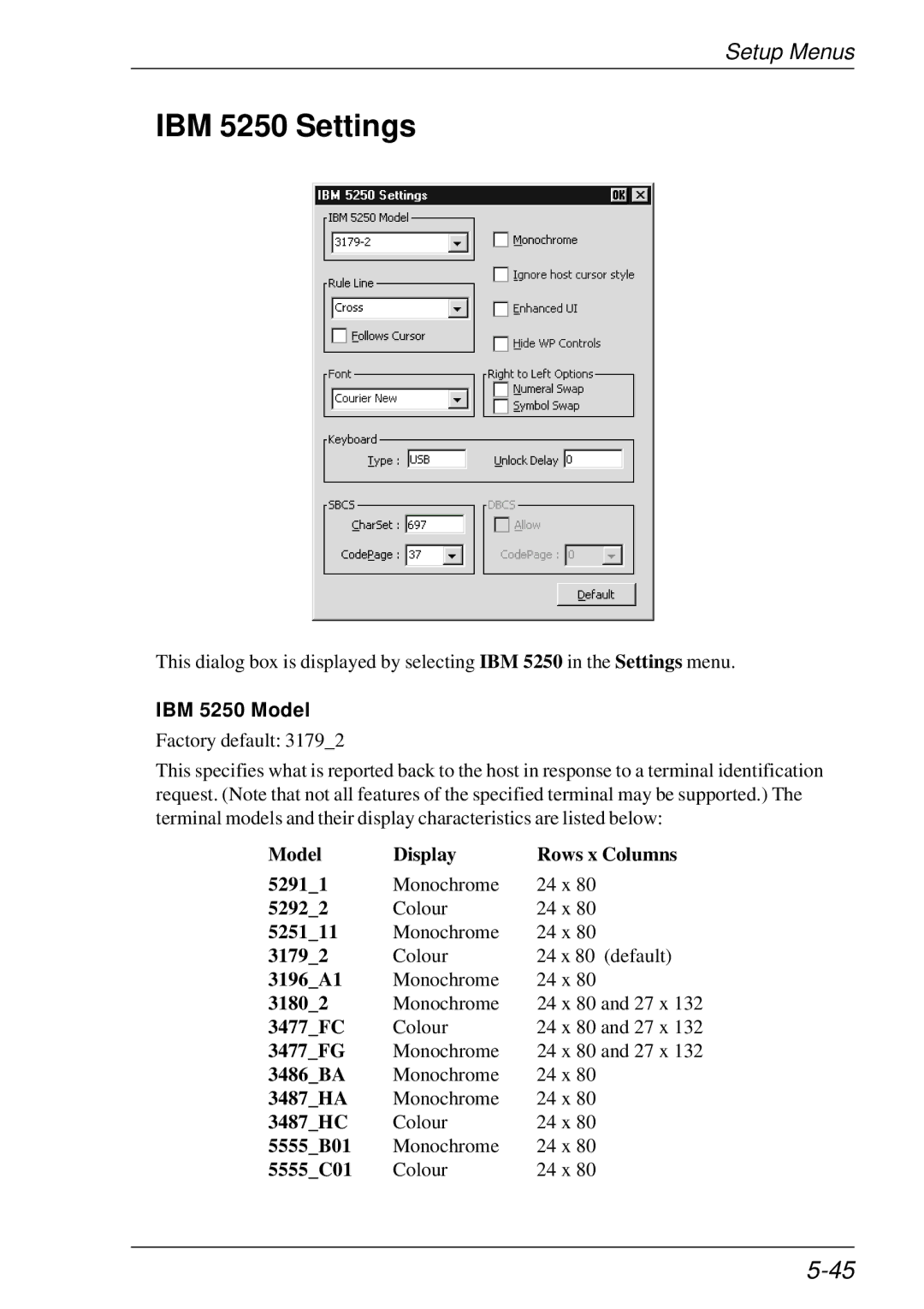 HP t5510 manual IBM 5250 Settings, IBM 5250 Model 