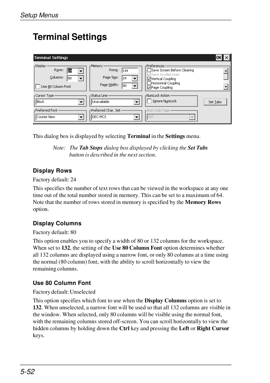 HP t5510 manual Terminal Settings, Display Rows, Display Columns, Use 80 Column Font 