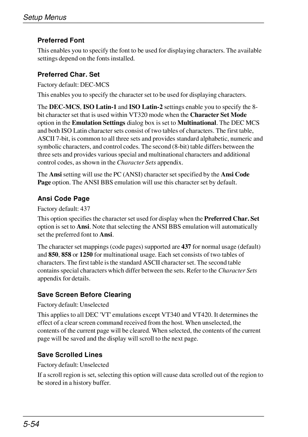 HP t5510 manual Preferred Font, Preferred Char. Set, Ansi Code, Save Screen Before Clearing, Save Scrolled Lines 