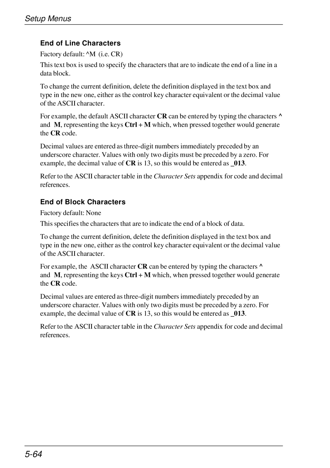 HP t5510 manual End of Line Characters, End of Block Characters 