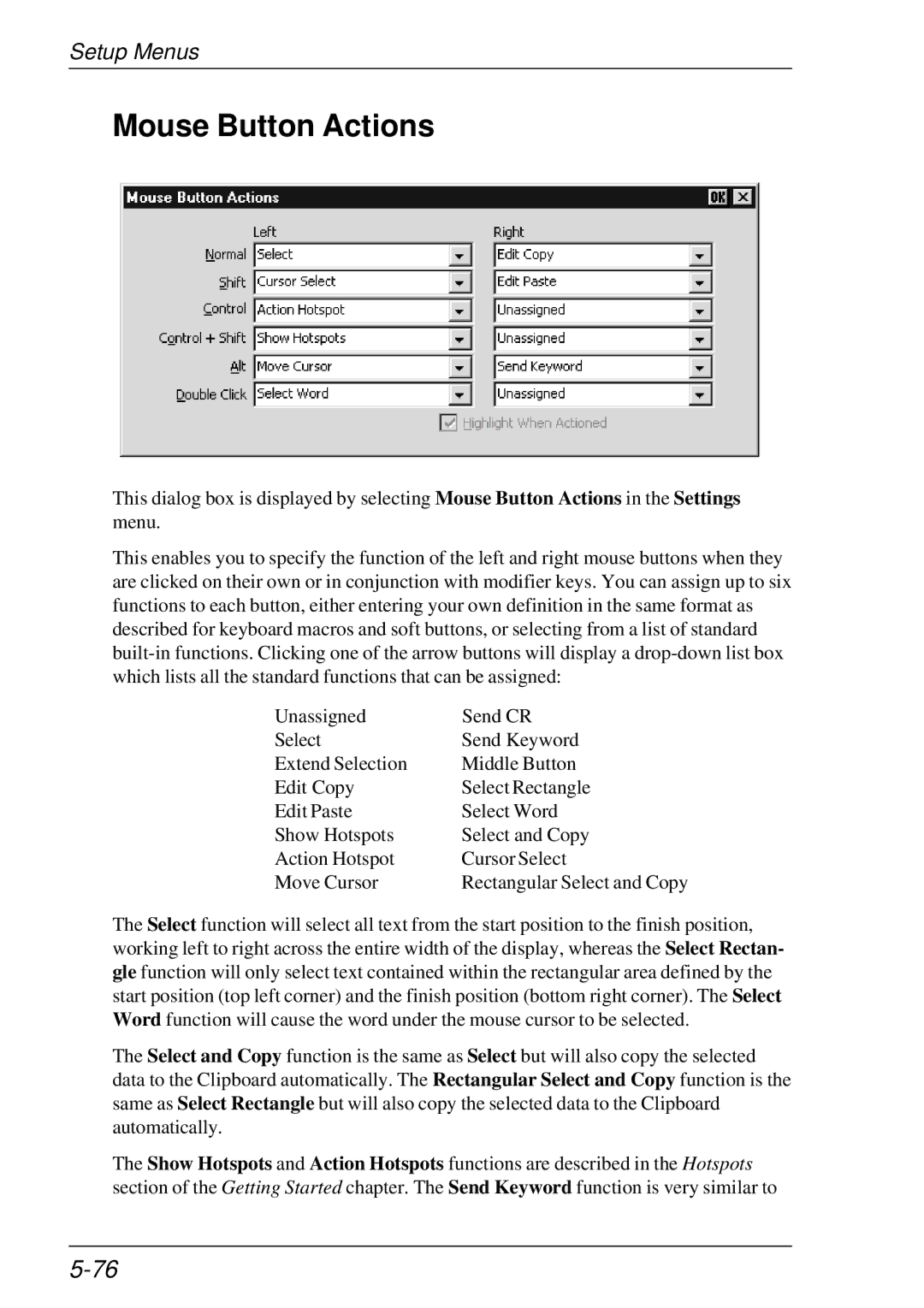 HP t5510 manual Mouse Button Actions 