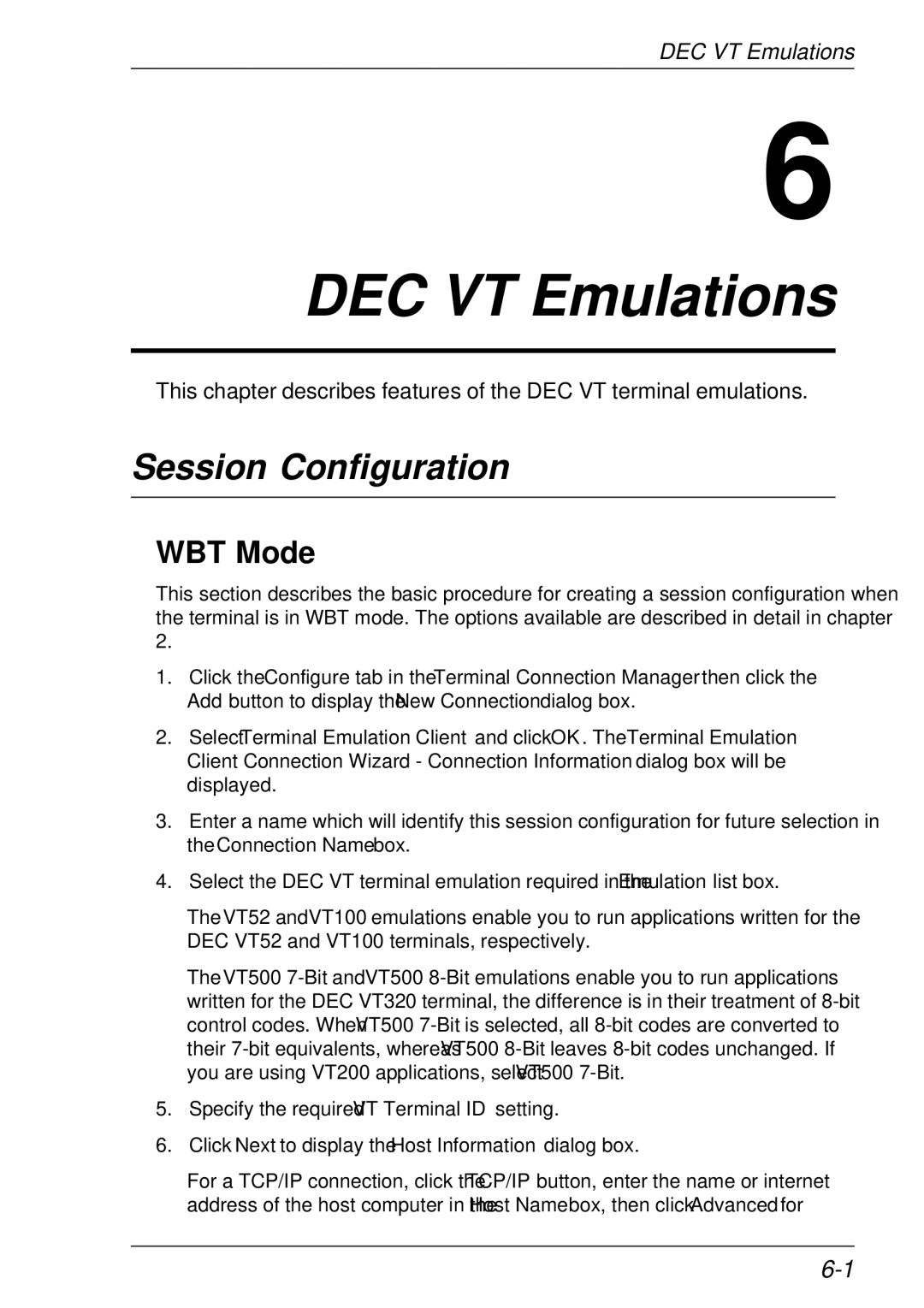 HP t5510 manual DEC VT Emulations, Session Configuration, WBT Mode 