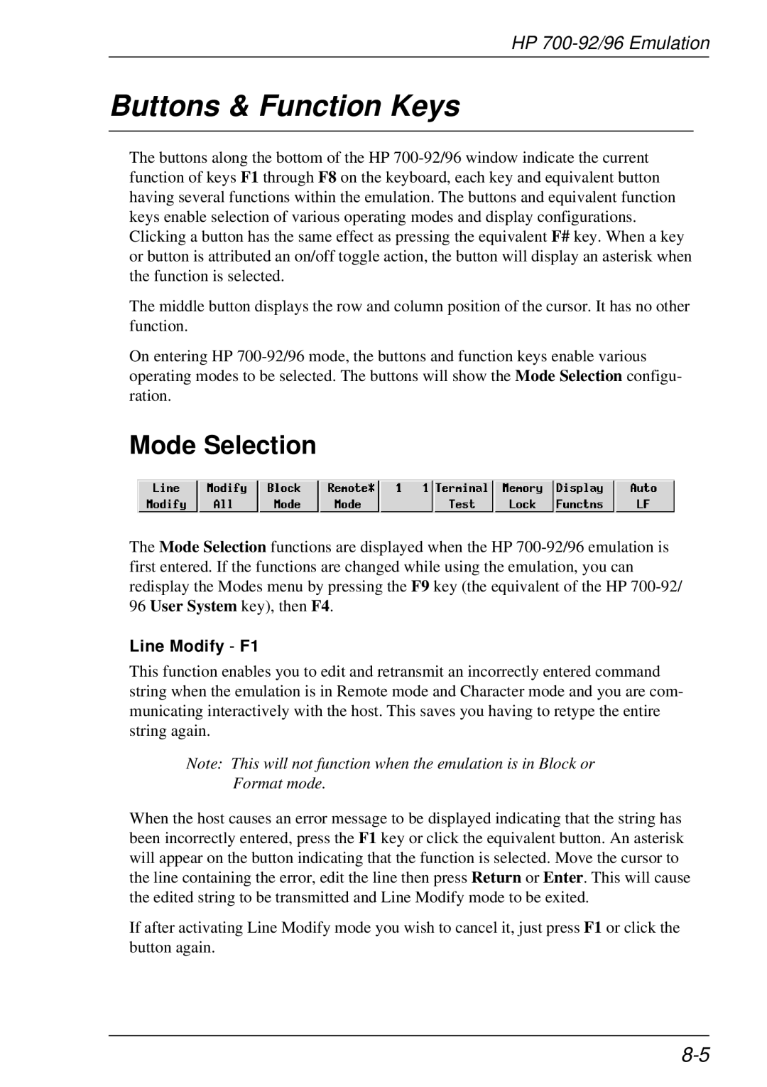 HP t5510 manual Buttons & Function Keys, Mode Selection, Line Modify F1 