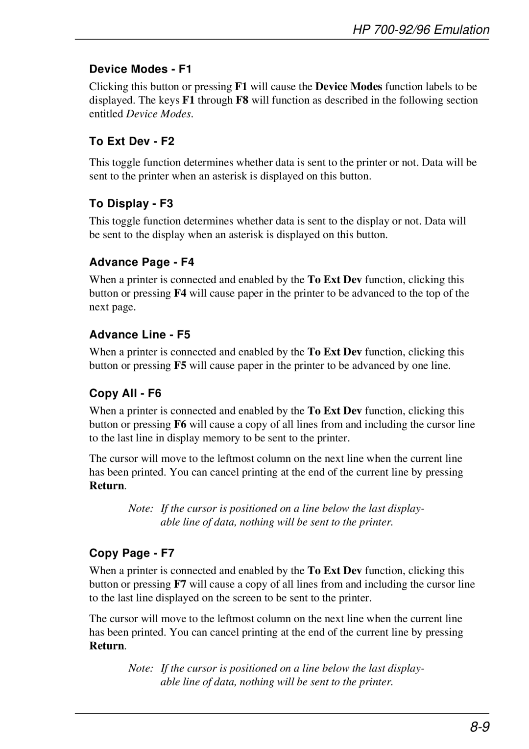 HP t5510 manual Device Modes F1, To Ext Dev F2, To Display F3, Advance Page F4, Advance Line F5, Copy All F6, Copy Page F7 