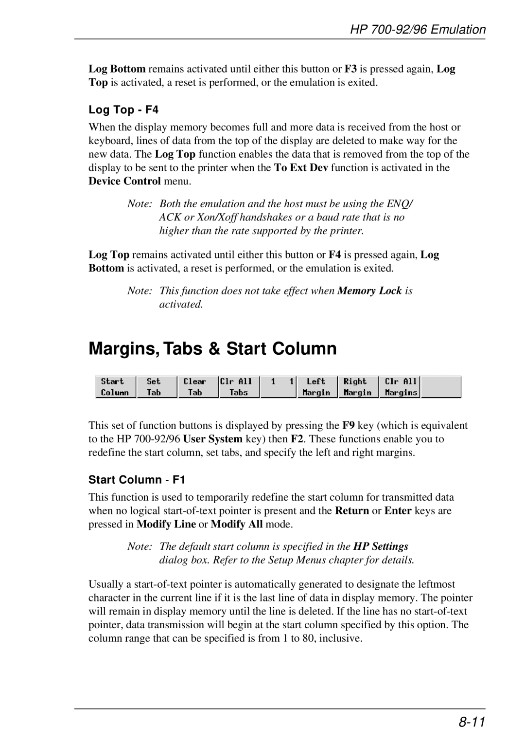 HP t5510 manual Margins, Tabs & Start Column, Log Top F4, Start Column F1 