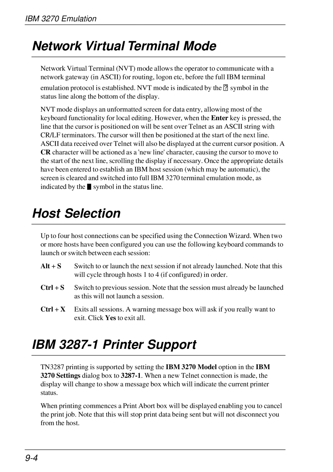 HP t5510 manual Network Virtual Terminal Mode, Host Selection, IBM 3287-1 Printer Support 