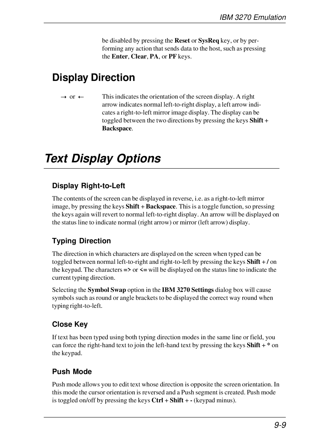 HP t5510 manual Text Display Options, Display Direction, Display Right-to-Left, Close Key, Push Mode 