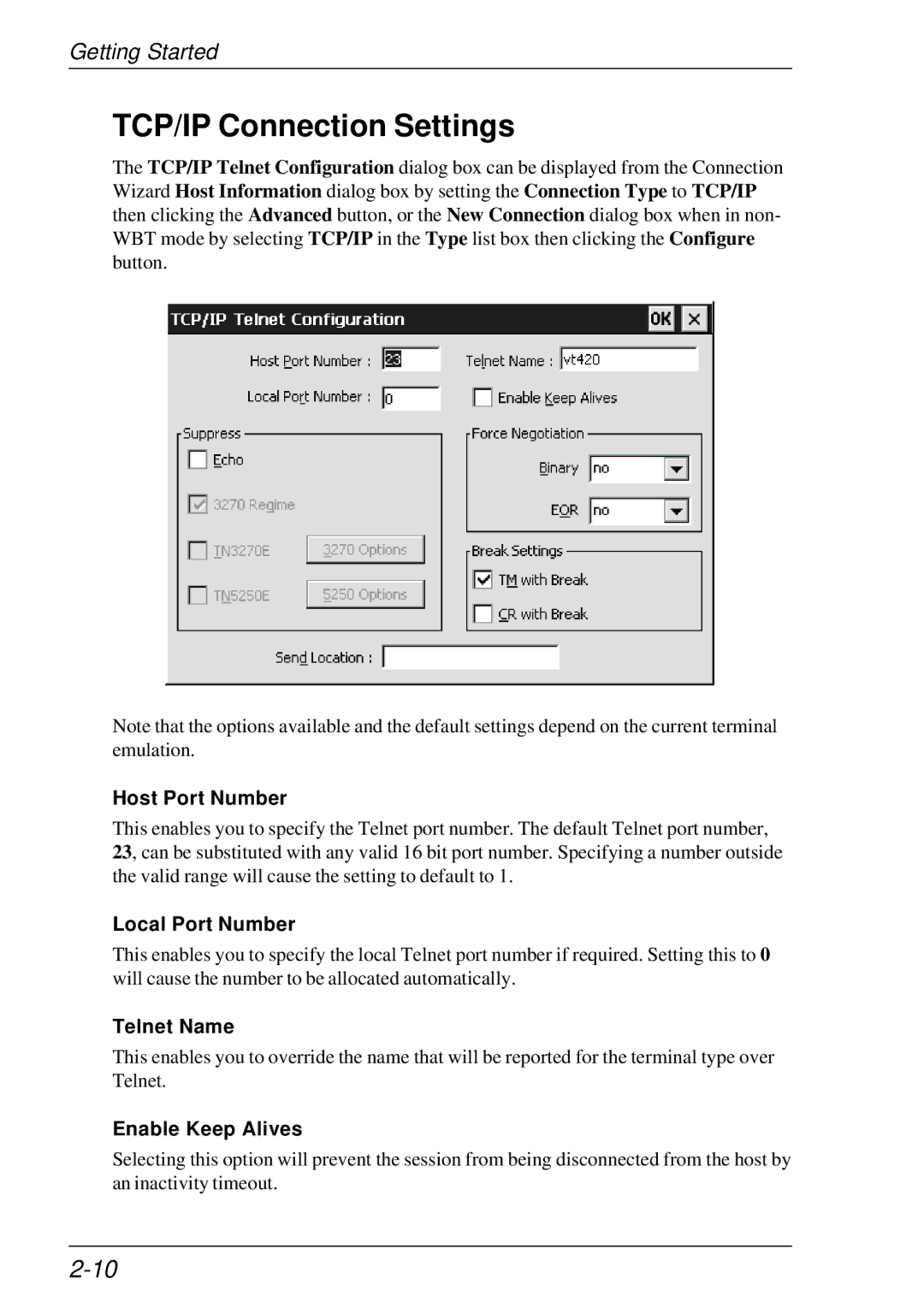 HP t5510 manual TCP/IP Connection Settings, Host Port Number, Local Port Number, Telnet Name, Enable Keep Alives 