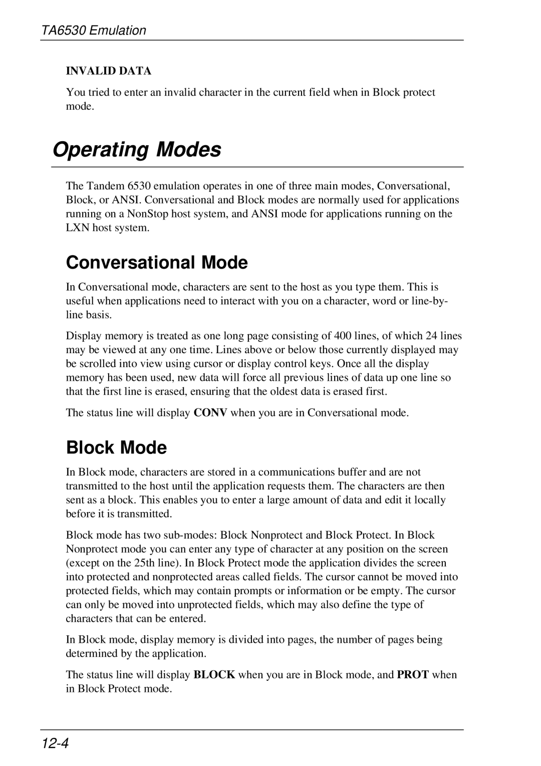 HP t5510 manual Operating Modes, Conversational Mode, Block Mode, 12-4 