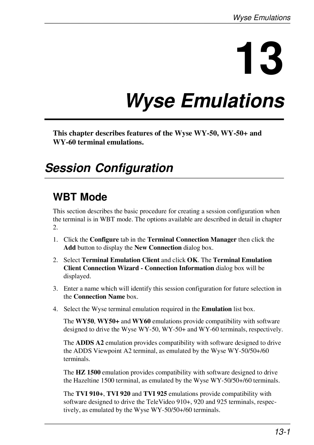 HP t5510 manual Wyse Emulations, 13-1 