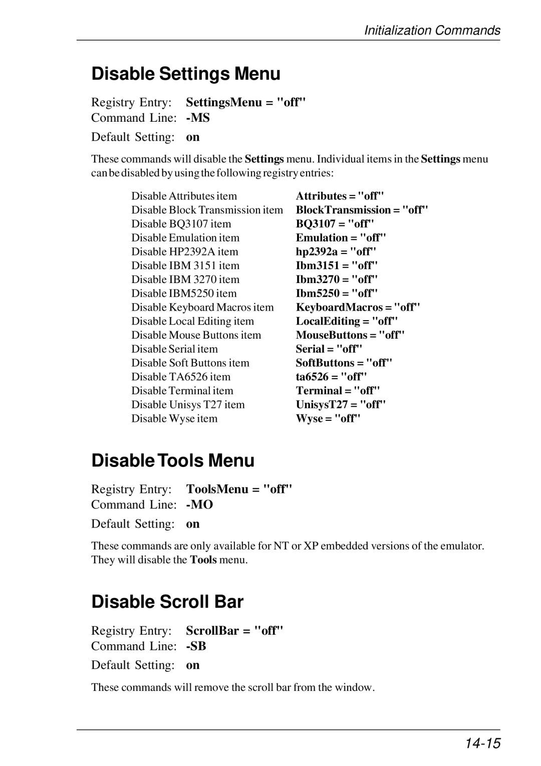 HP t5510 manual Disable Settings Menu, Disable Tools Menu, Disable Scroll Bar, 14-15 