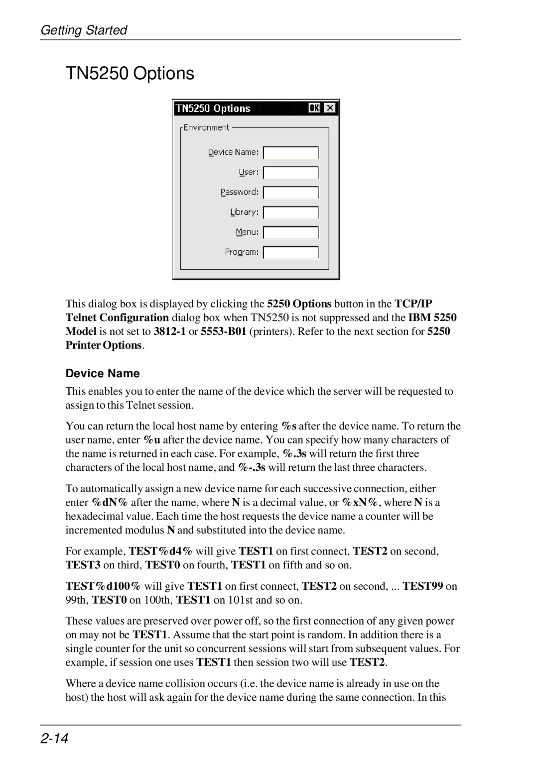 HP t5510 manual TN5250 Options, Device Name 