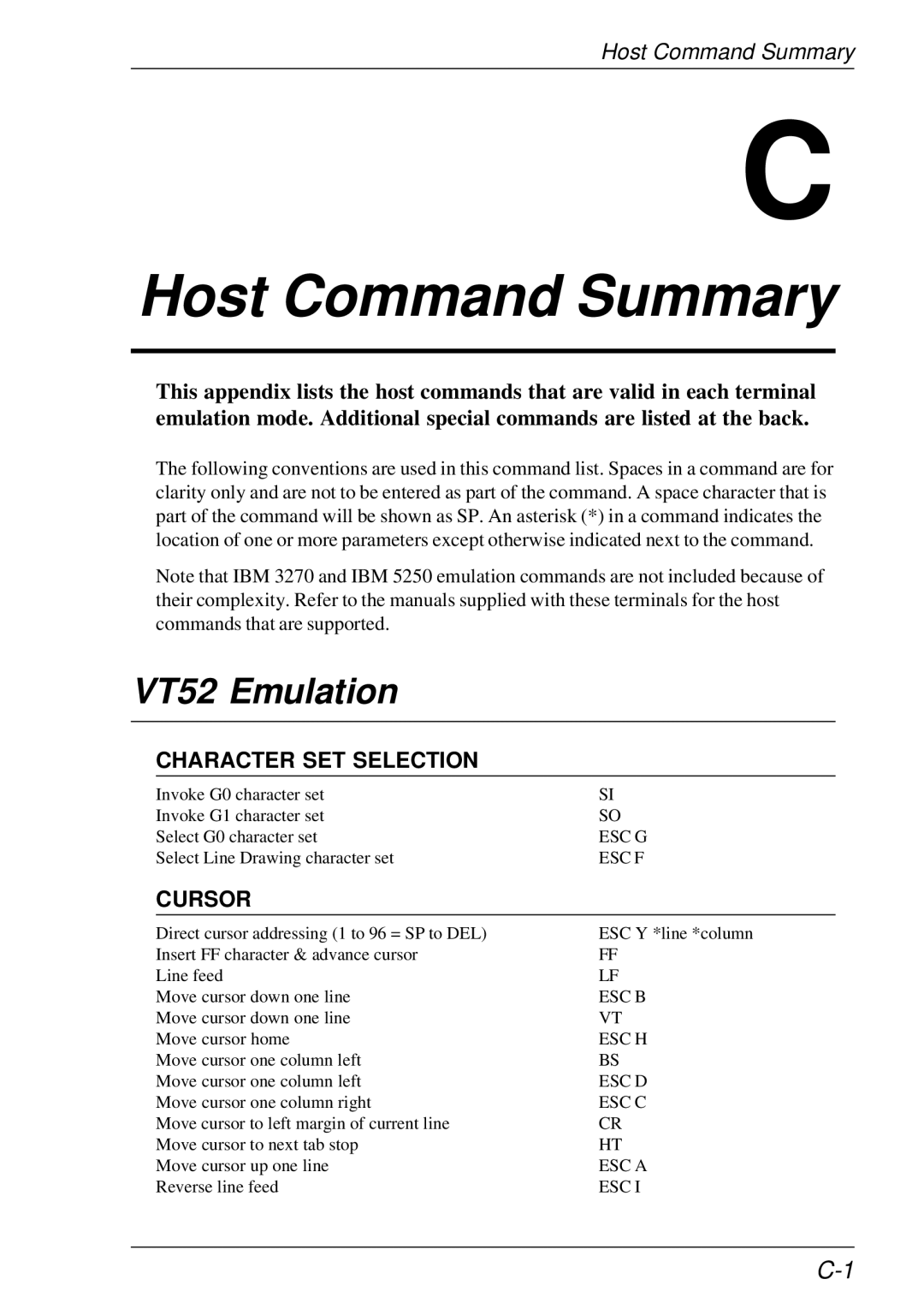 HP t5510 manual Host Command Summary, VT52 Emulation, Character SET Selection, Cursor 