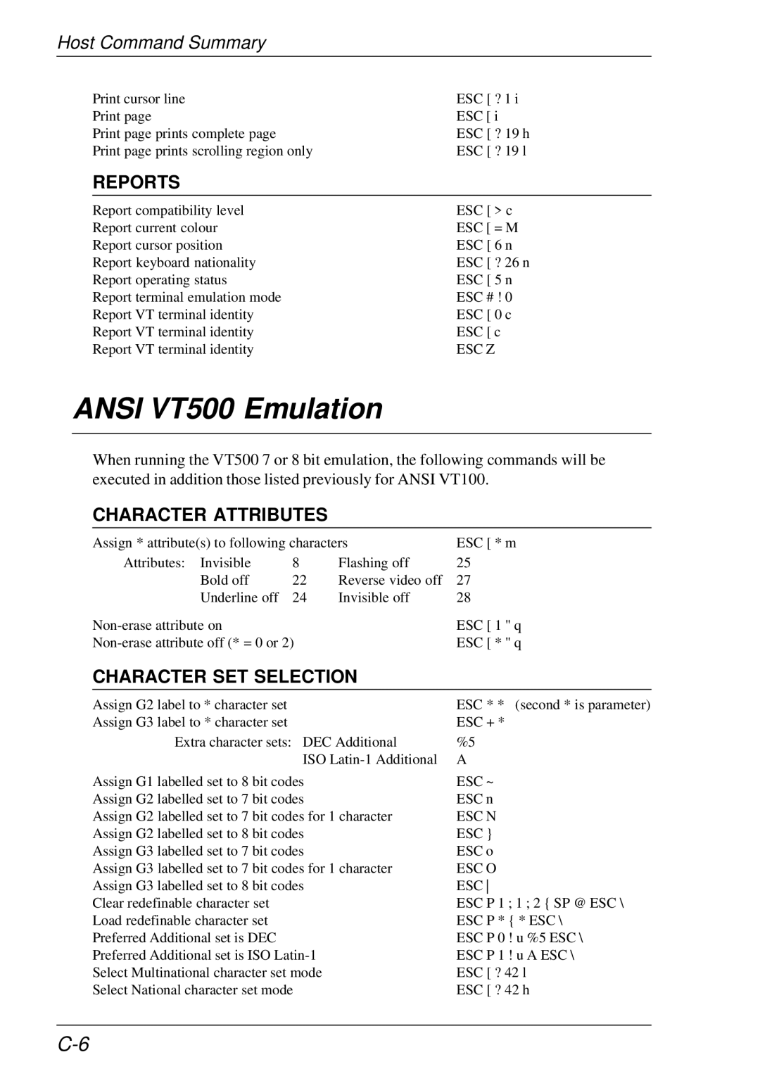 HP t5510 manual Ansi VT500 Emulation, Esc ~, Esc N, Esc O 