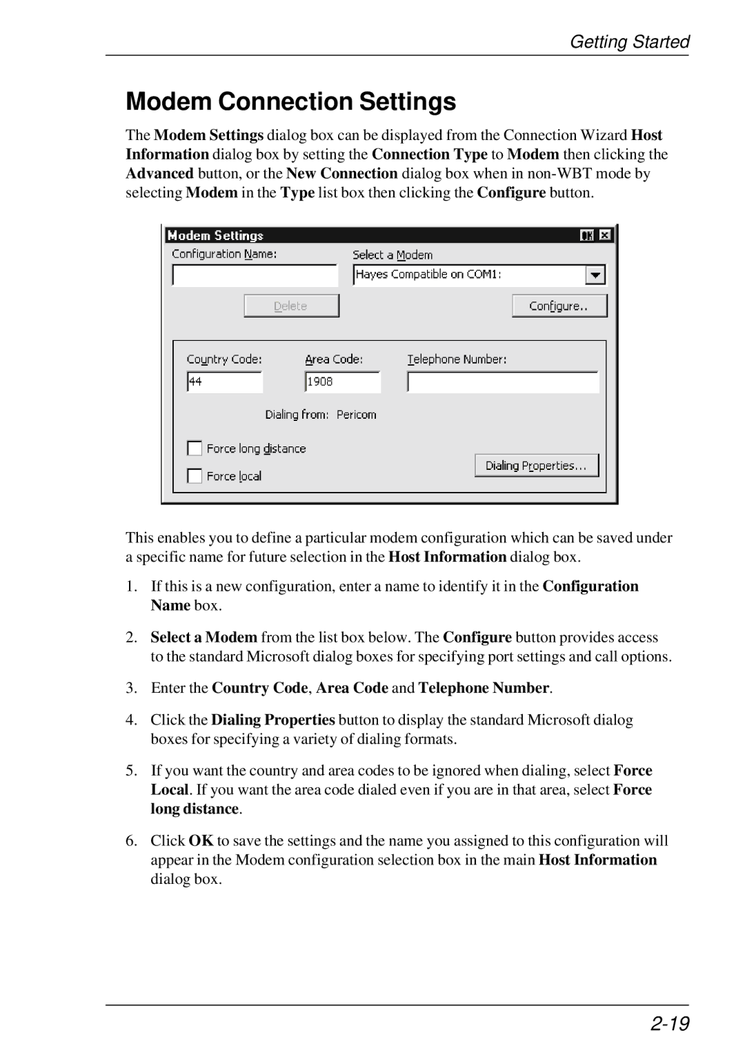 HP t5510 manual Modem Connection Settings, Enter the Country Code, Area Code and Telephone Number 