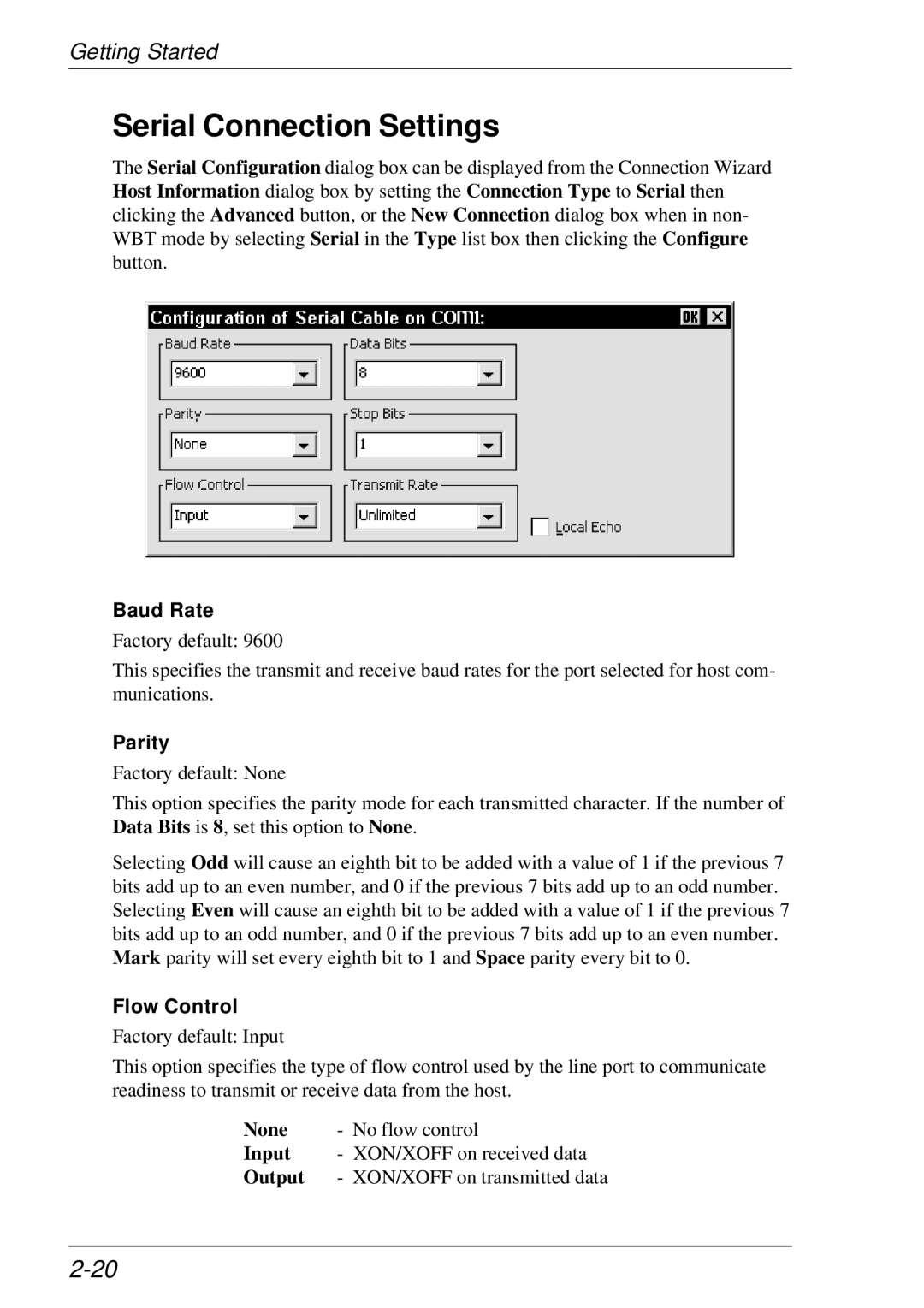 HP t5510 manual Serial Connection Settings, Baud Rate, Parity, Flow Control 