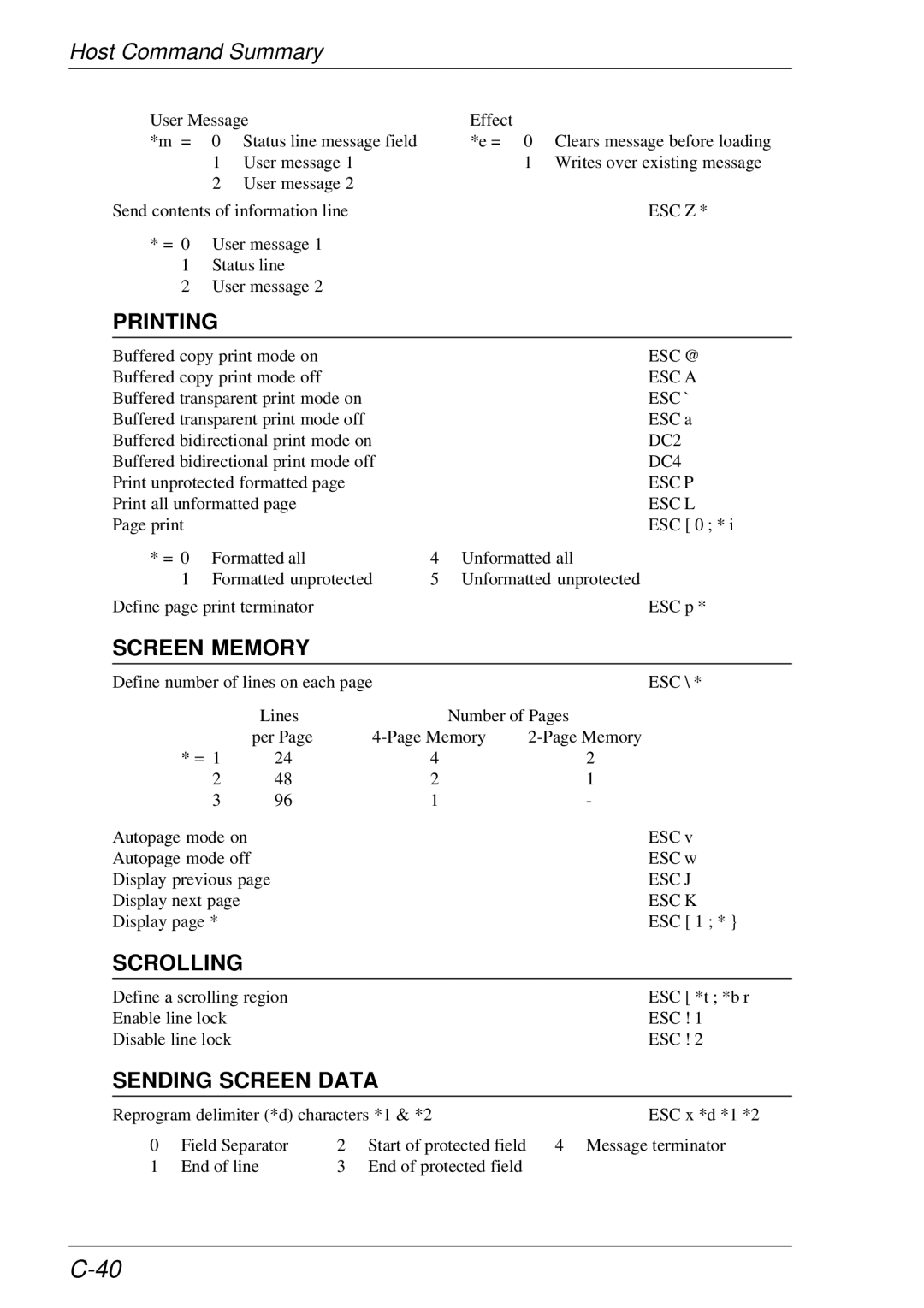 HP t5510 manual Screen Memory, Scrolling, Sending Screen Data 