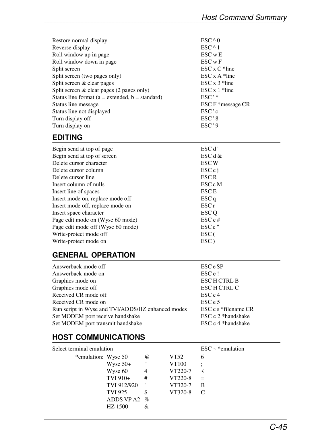 HP t5510 manual Host Communications, ESC H Ctrl B, ESC H Ctrl C, Adds VP A2 % 