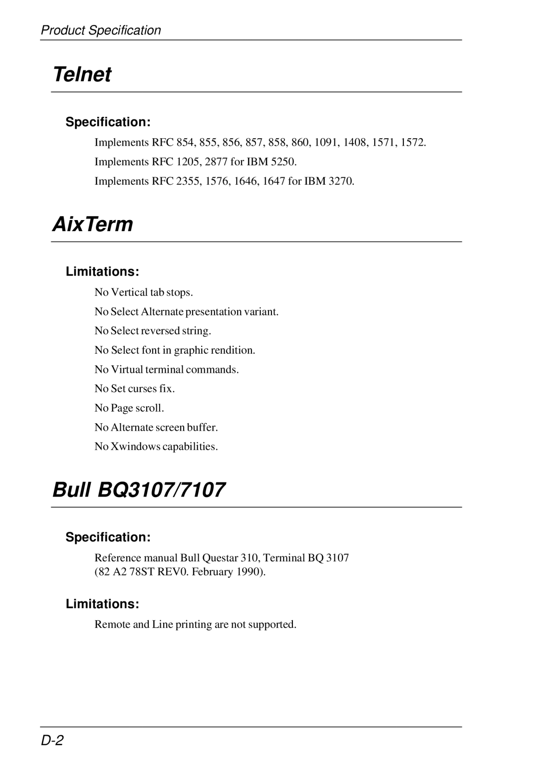 HP t5510 manual Telnet, AixTerm, Bull BQ3107/7107, Specification 