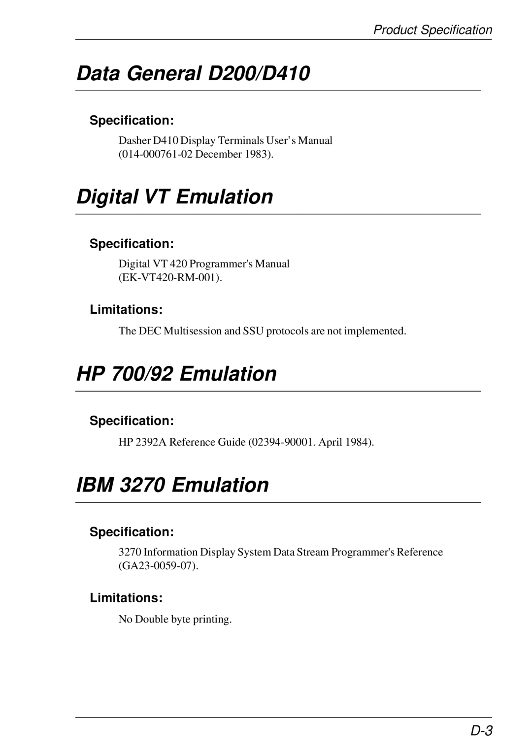 HP t5510 manual Data General D200/D410, Digital VT Emulation, HP 700/92 Emulation, IBM 3270 Emulation 