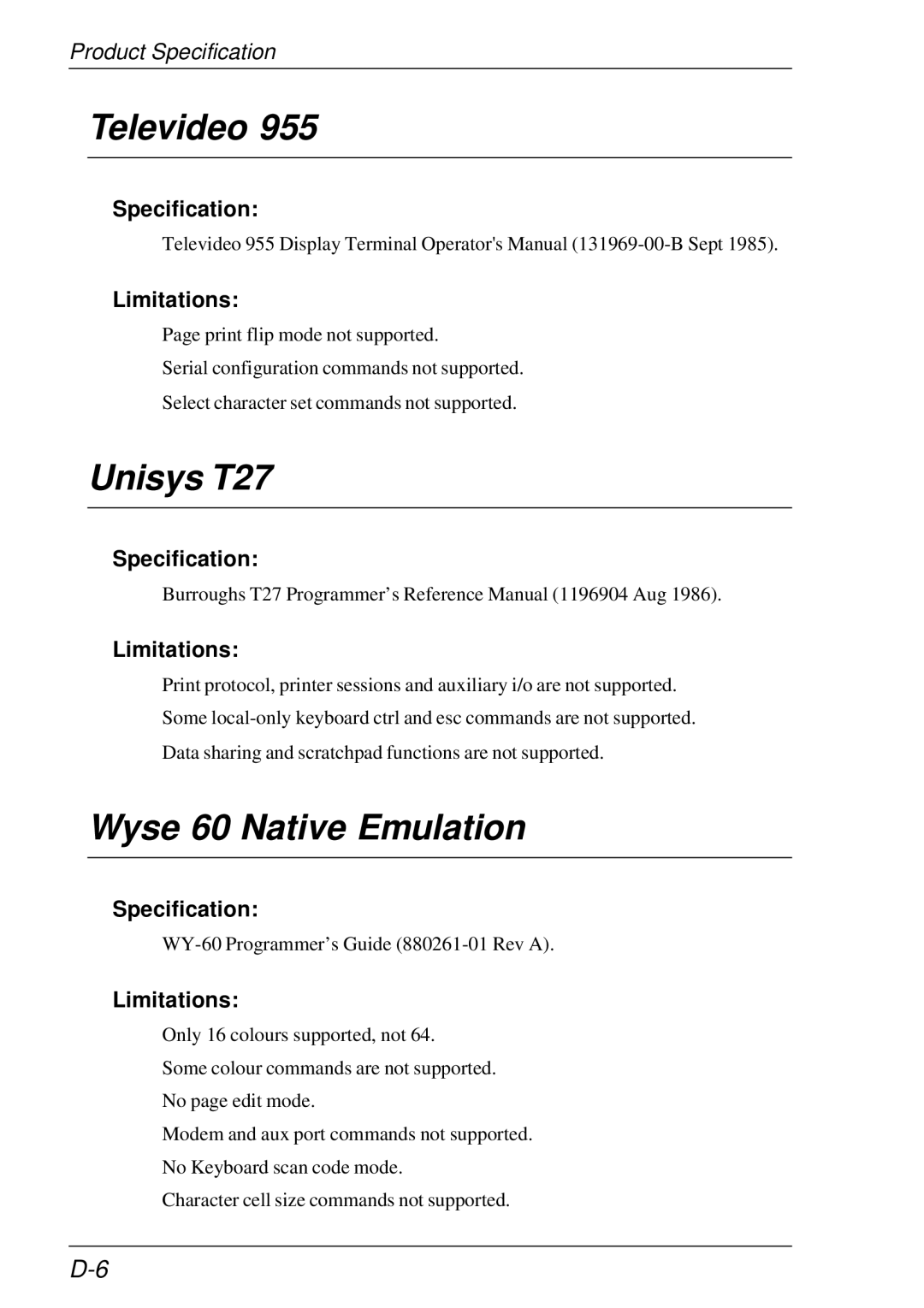 HP t5510 manual Televideo, Unisys T27, Wyse 60 Native Emulation 