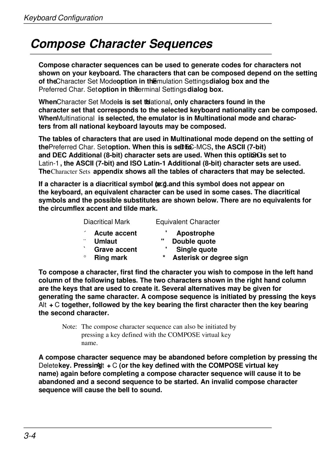 HP t5510 manual Compose Character Sequences, Diacritical Mark Equivalent Character 