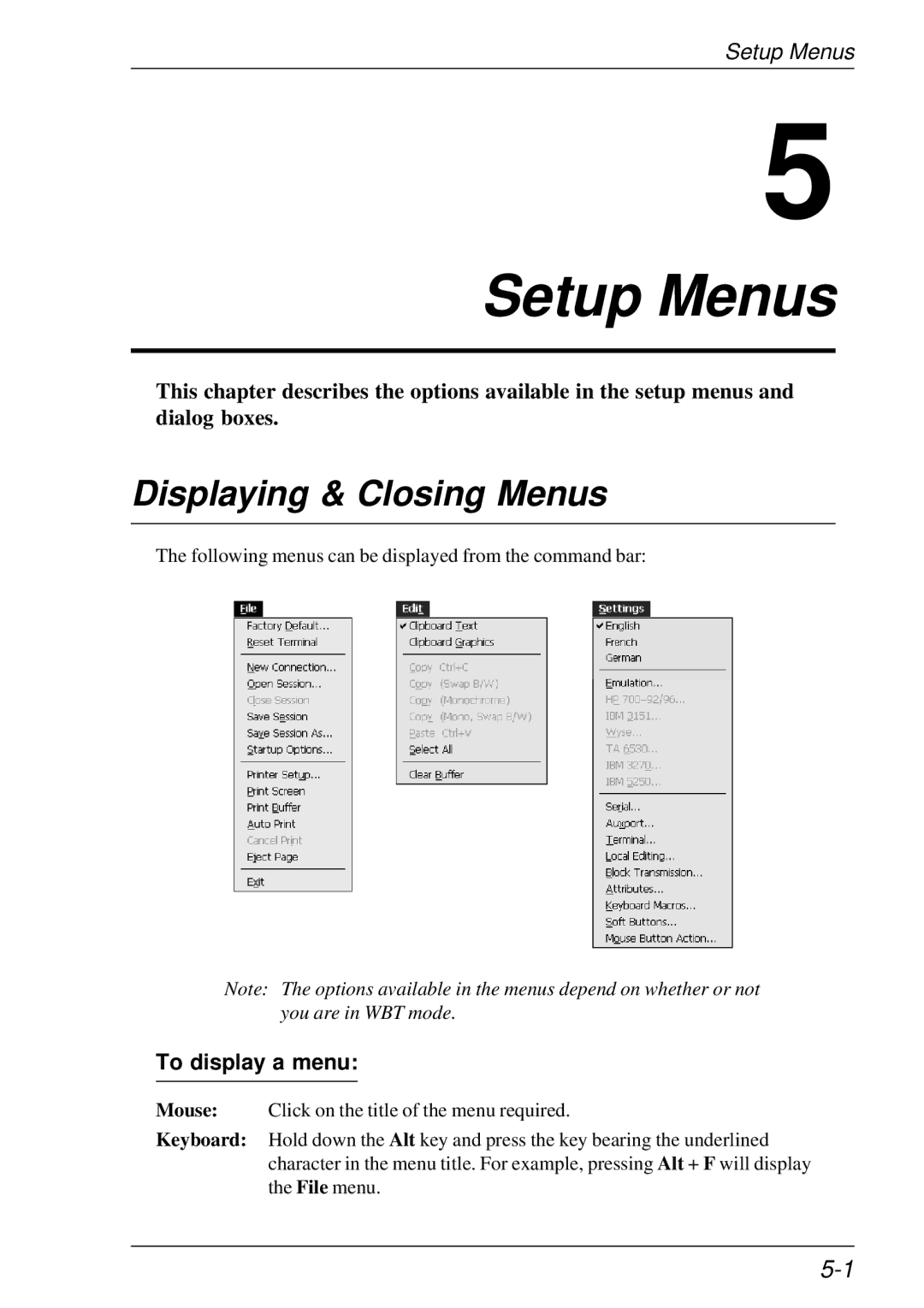 HP t5510 manual Setup Menus, Displaying & Closing Menus, To display a menu 