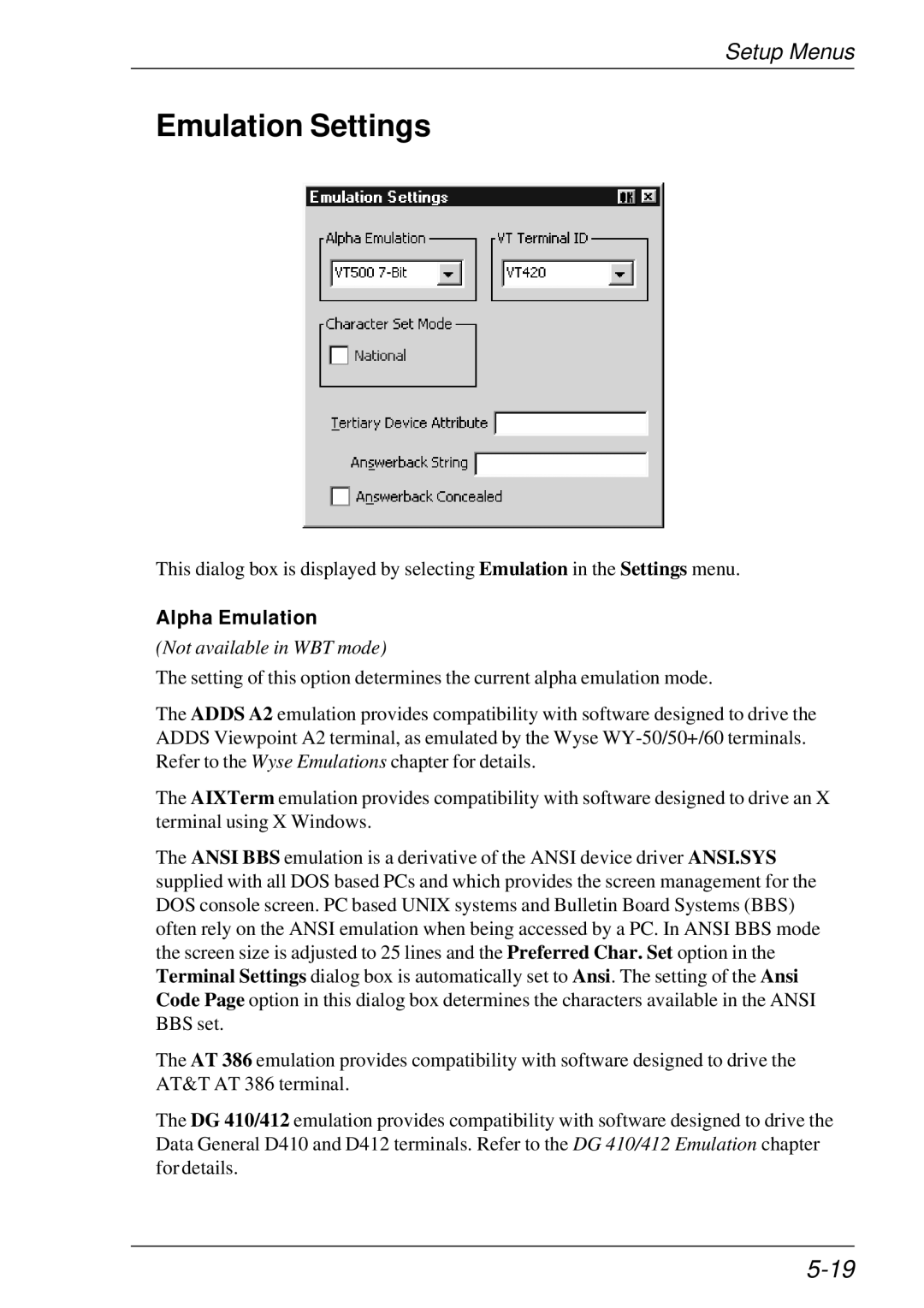 HP t5510 manual Emulation Settings, Alpha Emulation 