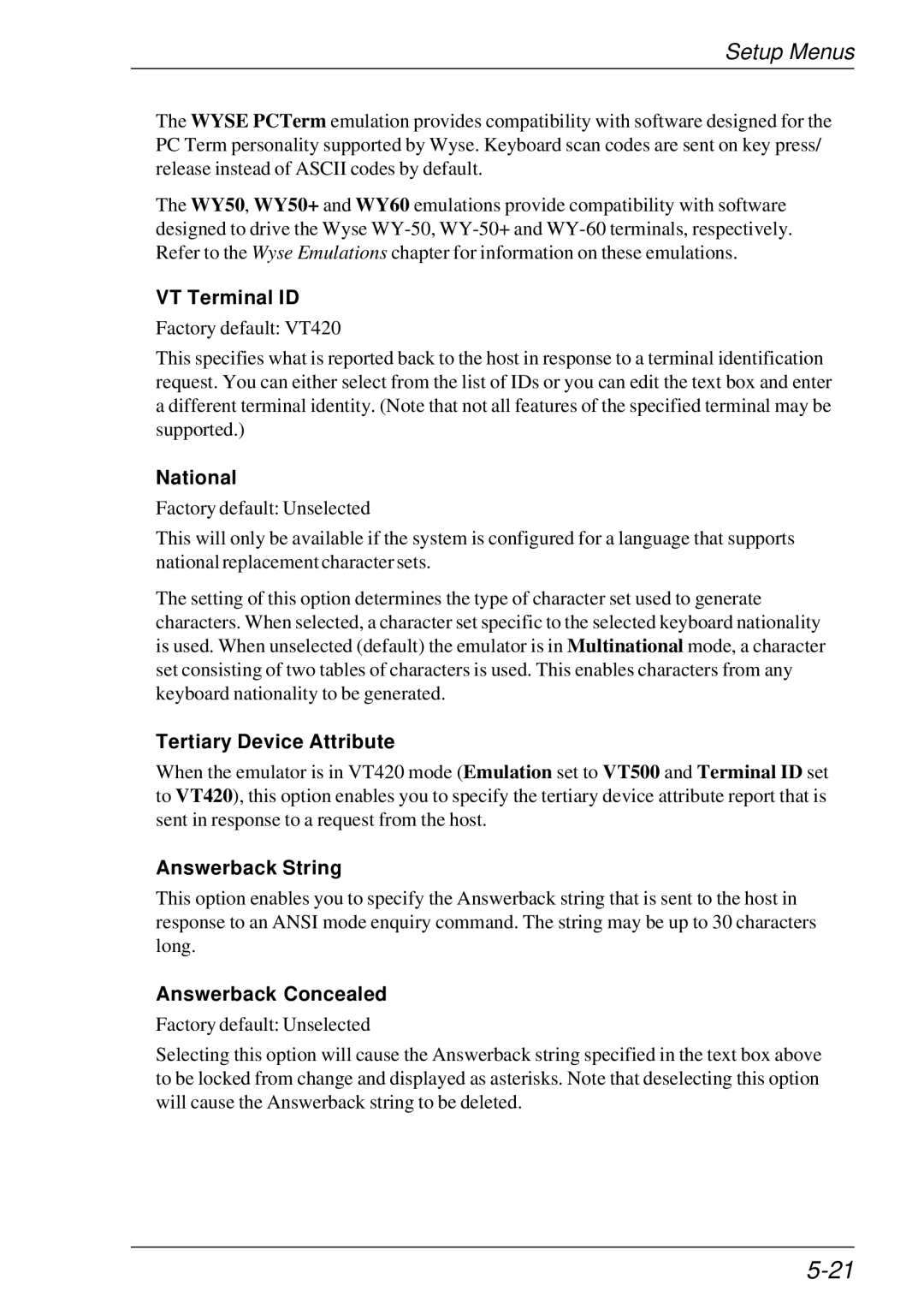 HP t5510 manual VT Terminal ID, National, Tertiary Device Attribute, Answerback String, Answerback Concealed 