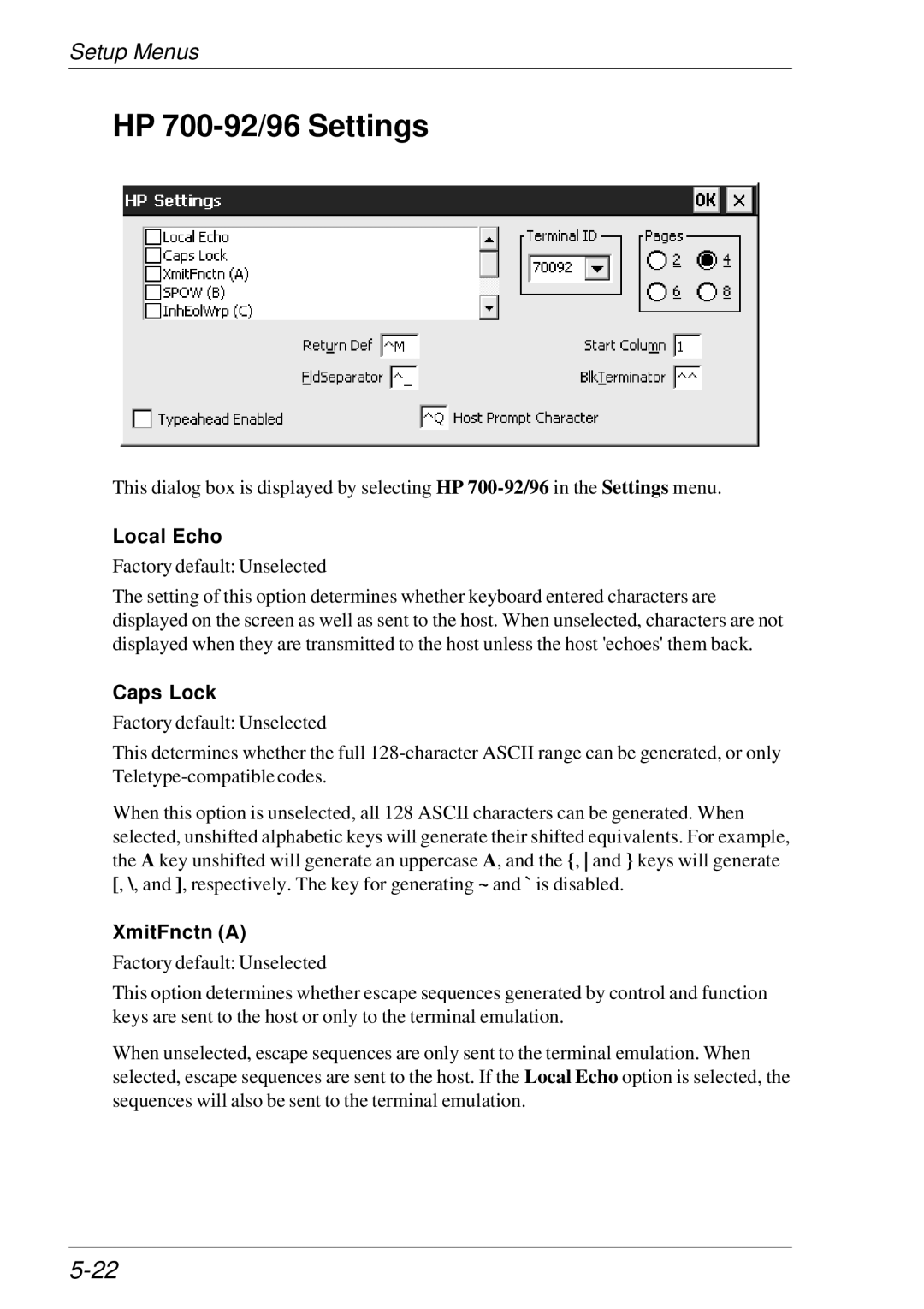 HP t5510 manual HP 700-92/96 Settings, Caps Lock, XmitFnctn a 