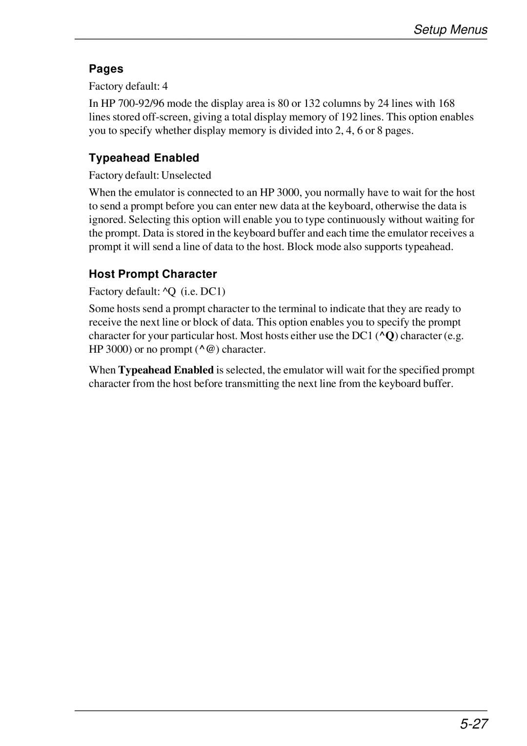 HP t5510 manual Pages, Typeahead Enabled, Host Prompt Character 