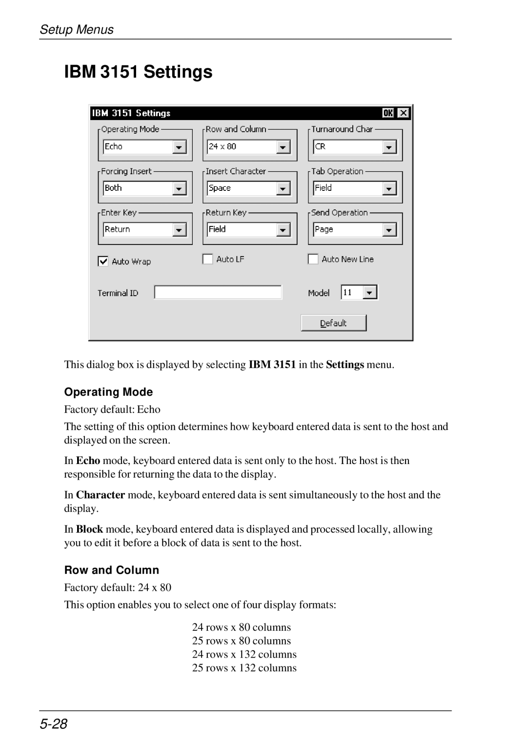 HP t5510 manual IBM 3151 Settings, Operating Mode, Row and Column 