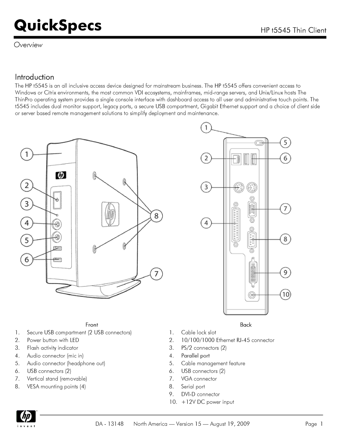 HP t5545 manual Overview, Front Back 