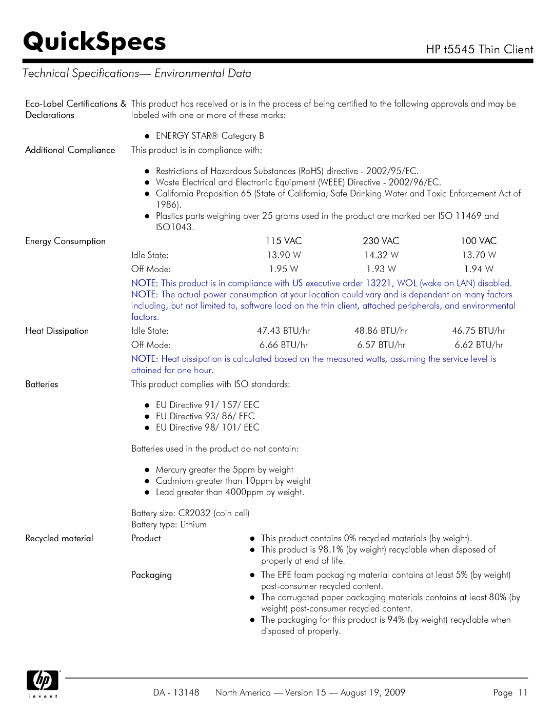 HP t5545 manual Technical Specifications- Environmental Data 