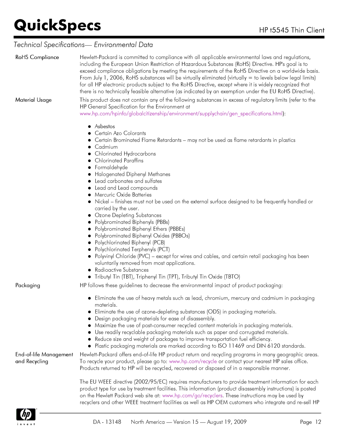 HP t5545 manual RoHS Compliance, Material Usage 