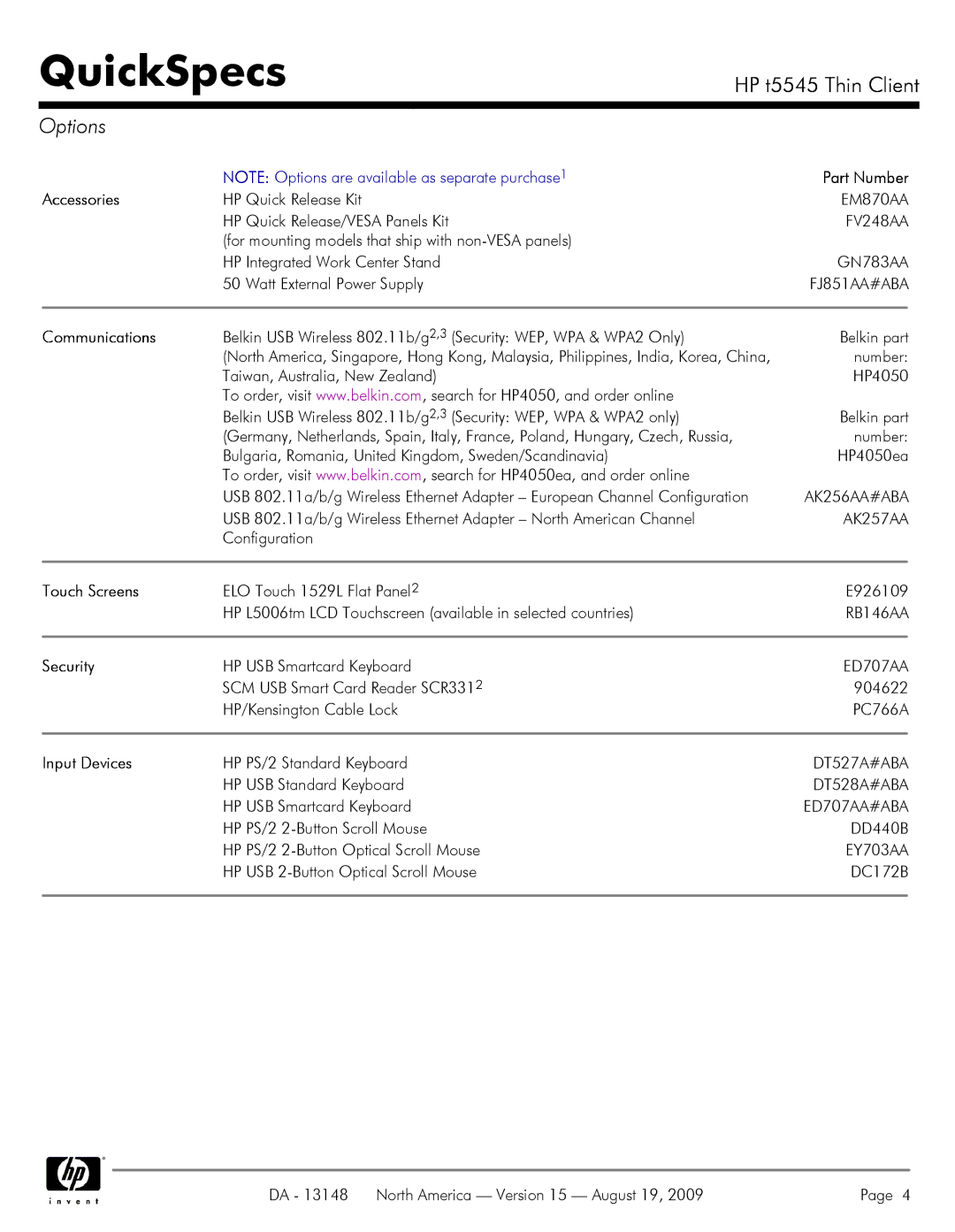 HP t5545 manual Options 