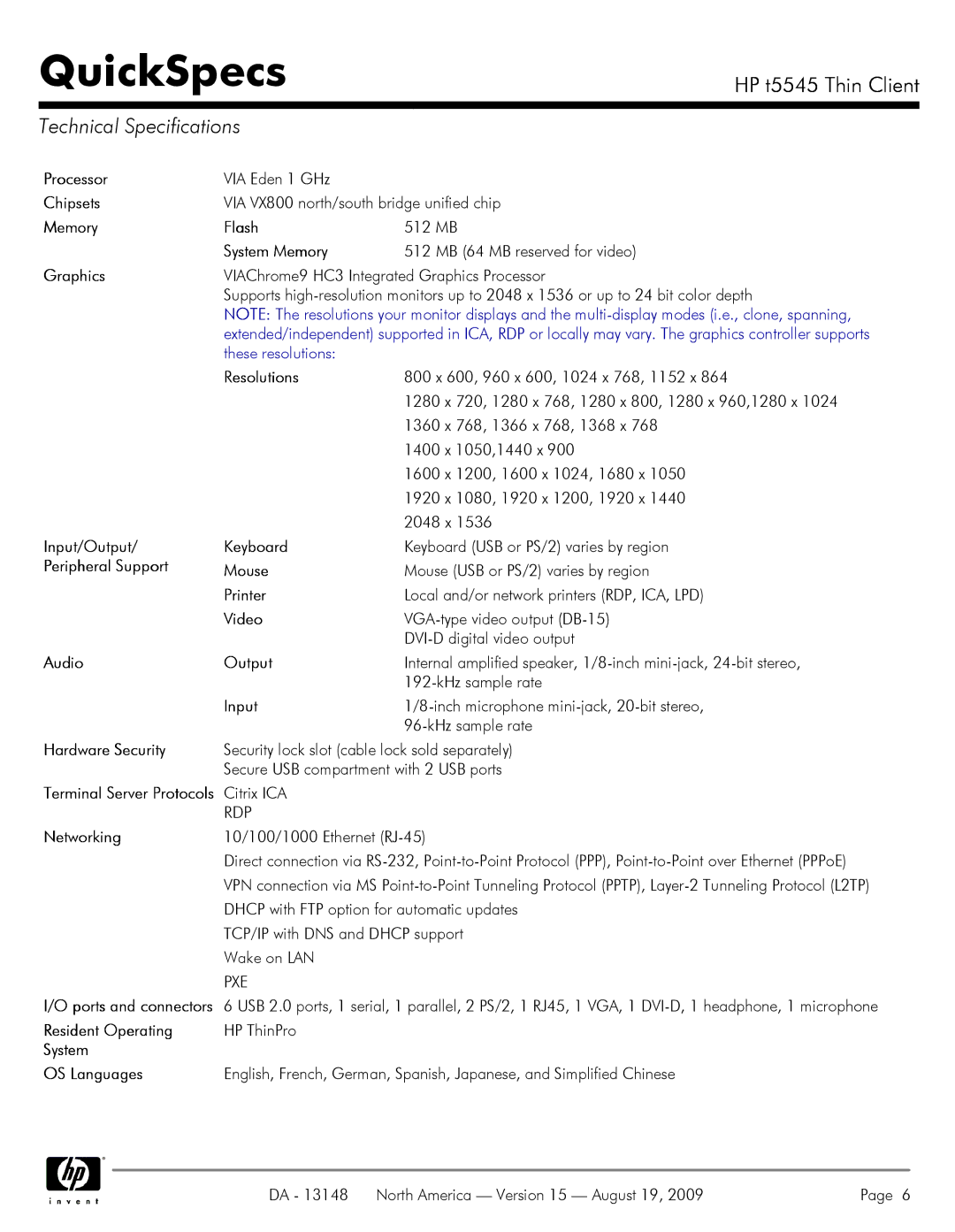 HP t5545 manual Technical Specifications 