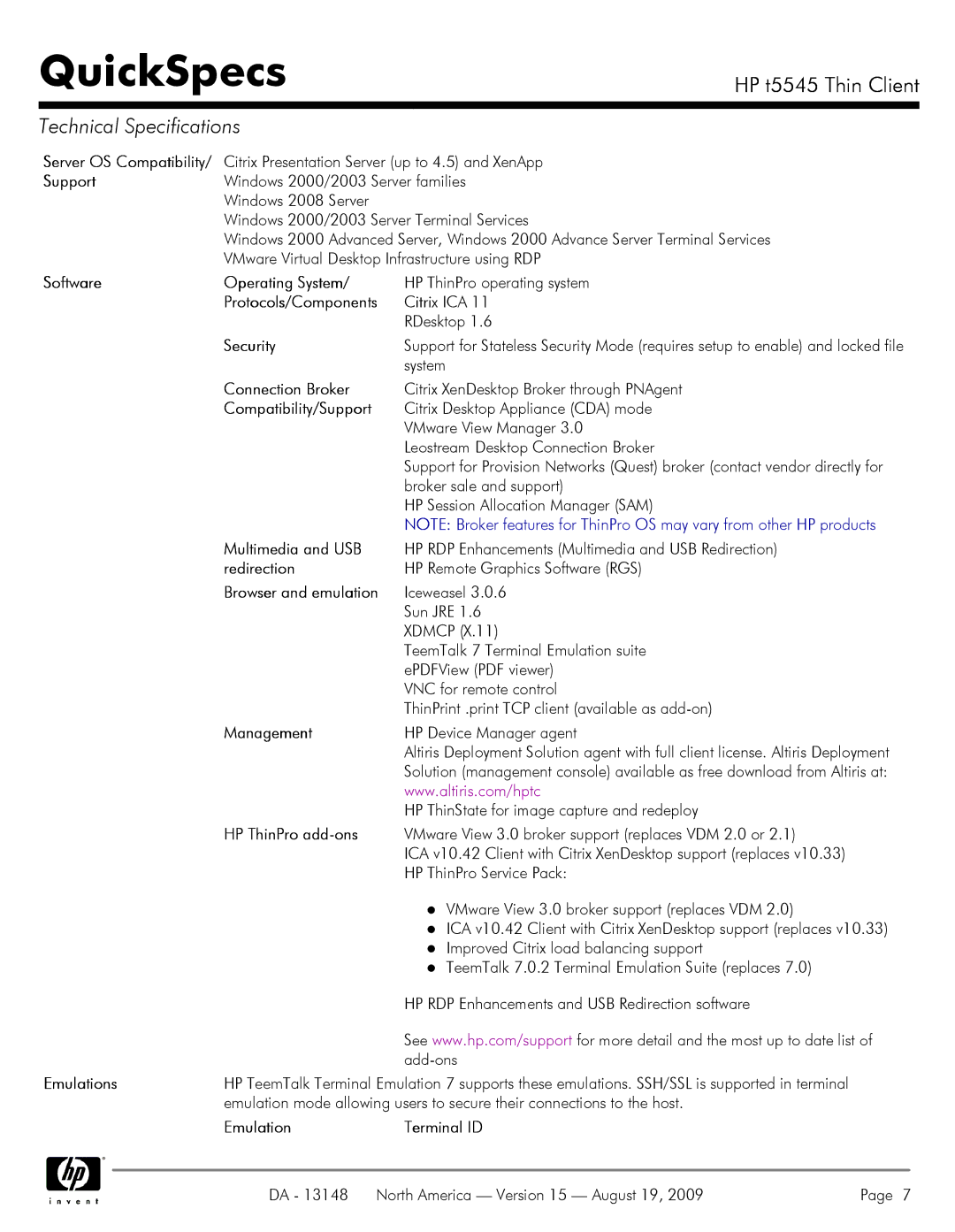 HP t5545 Software Operating System, Protocols/Components, Connection Broker, Compatibility/Support, Multimedia and USB 