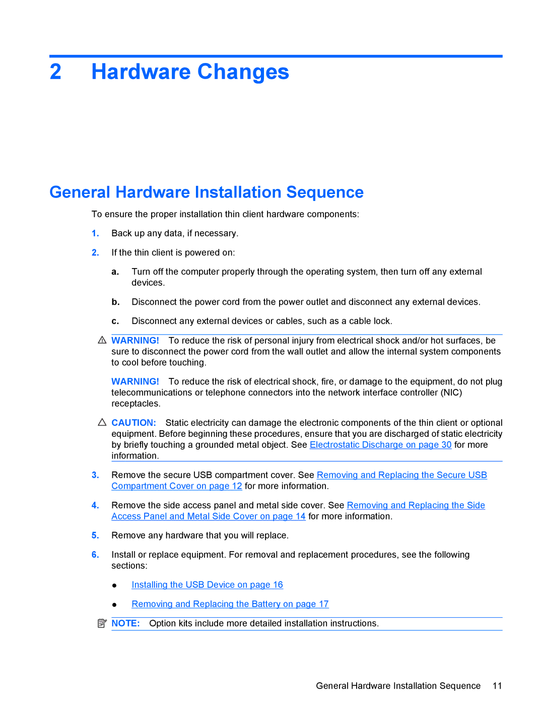 HP t5630w manual Hardware Changes, General Hardware Installation Sequence 