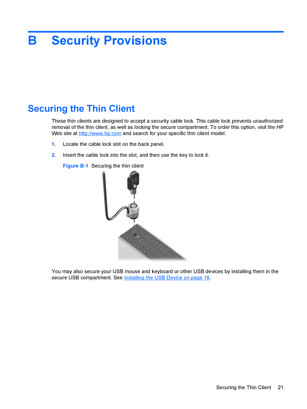 HP t5630w manual Security Provisions, Securing the Thin Client 