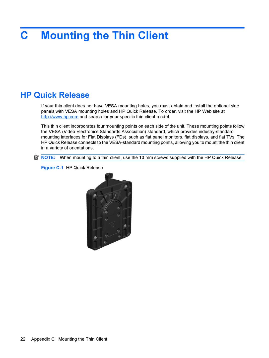 HP t5630w manual Mounting the Thin Client, HP Quick Release 