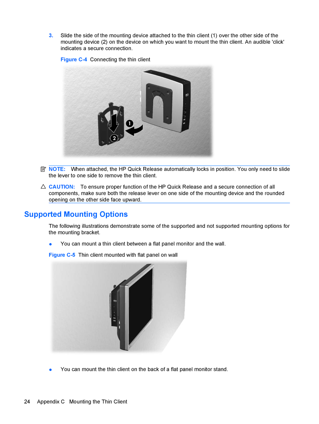 HP t5630w manual Supported Mounting Options, Figure C-4Connecting the thin client 