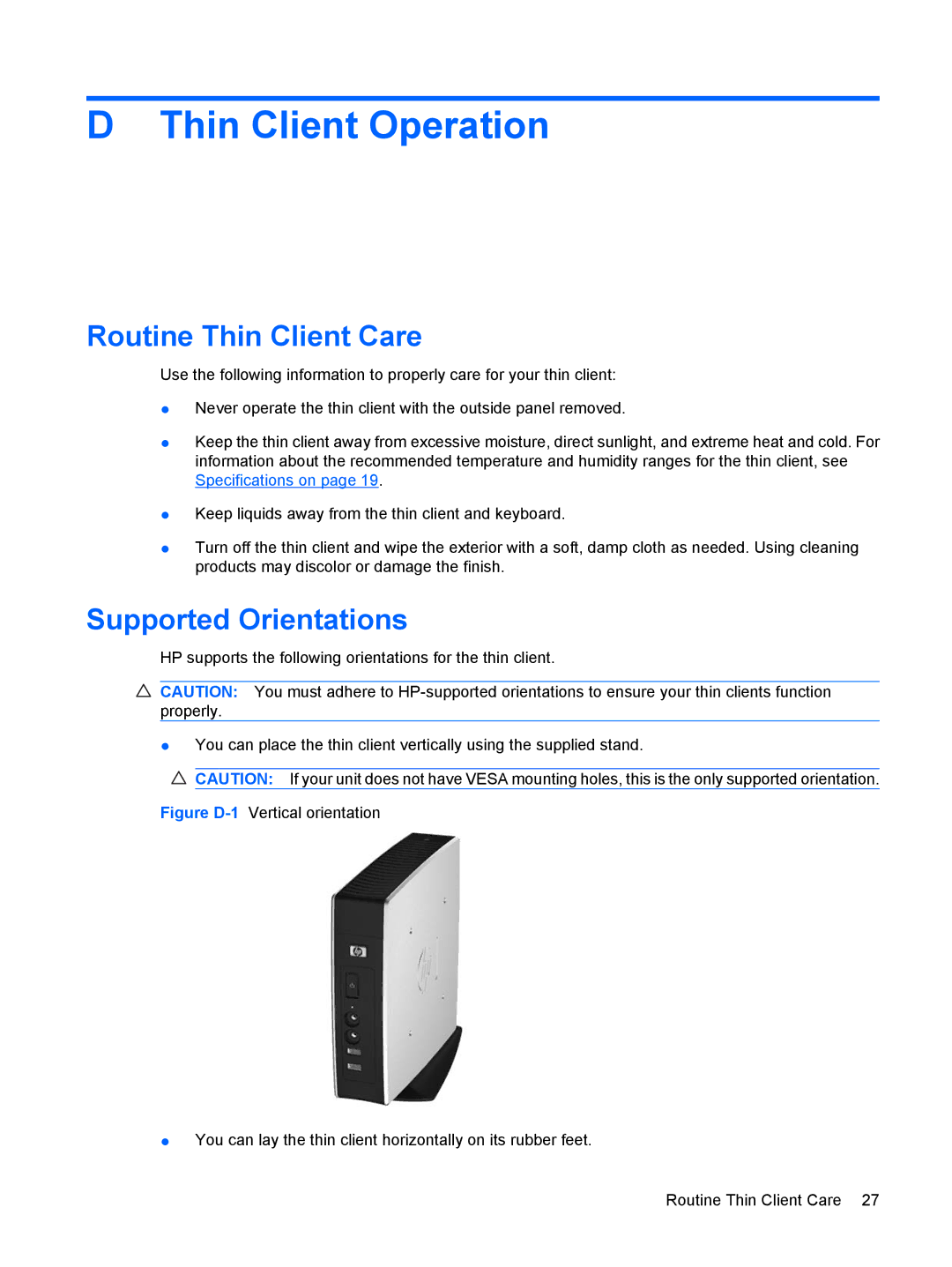 HP t5630w manual Thin Client Operation, Routine Thin Client Care, Supported Orientations 