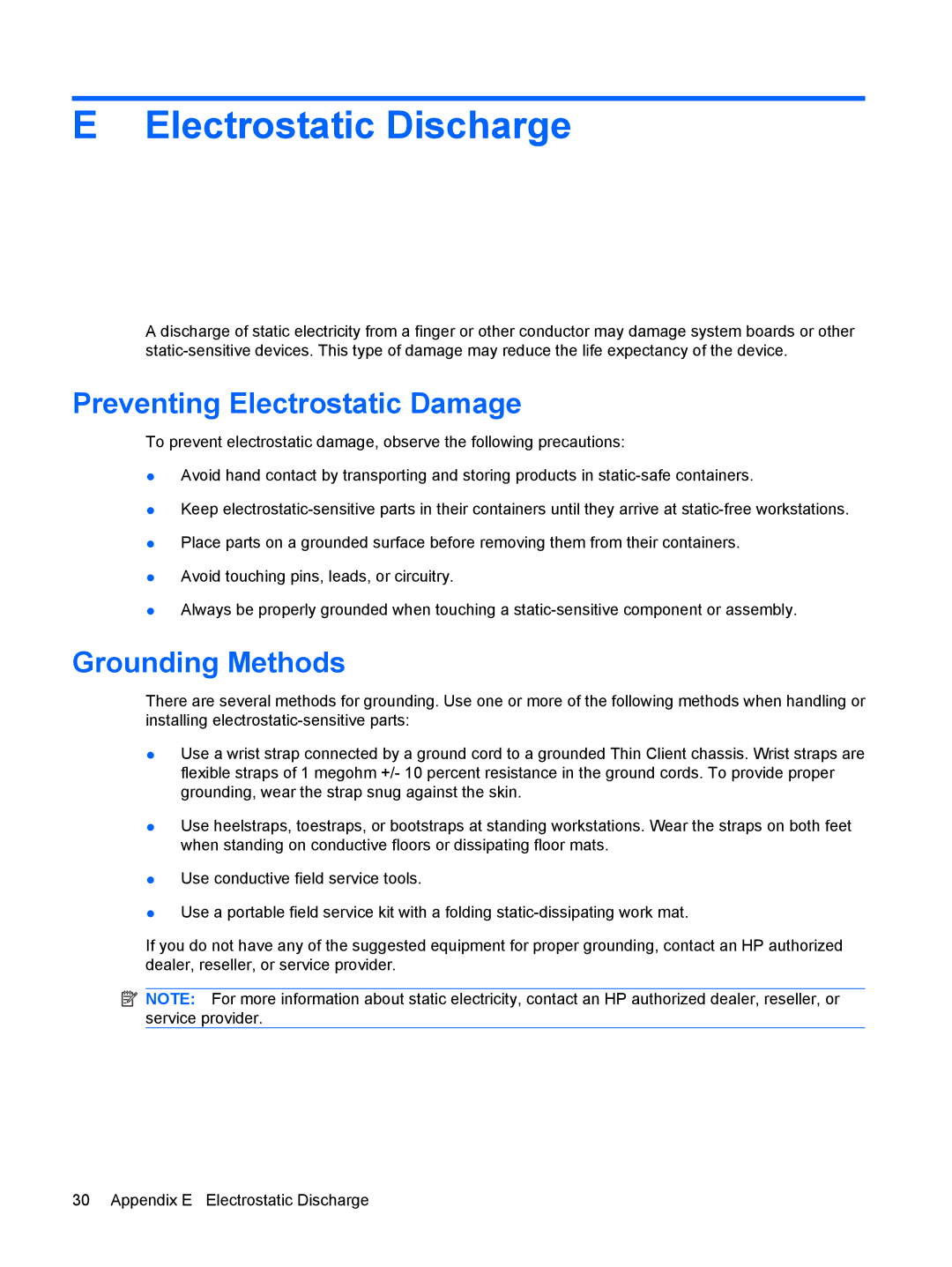 HP t5630w manual Electrostatic Discharge, Preventing Electrostatic Damage, Grounding Methods 