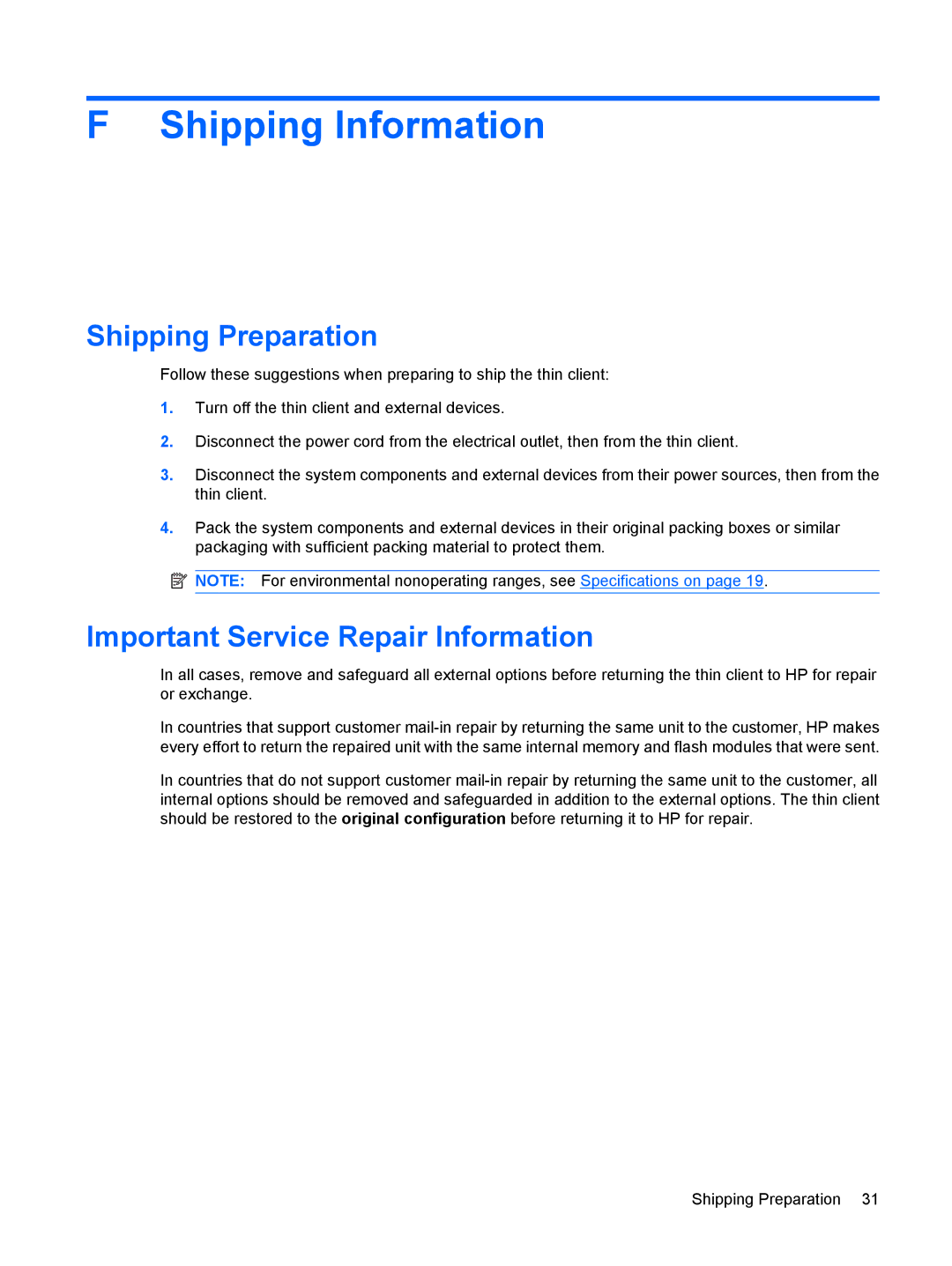 HP t5630w manual Shipping Information, Shipping Preparation, Important Service Repair Information 