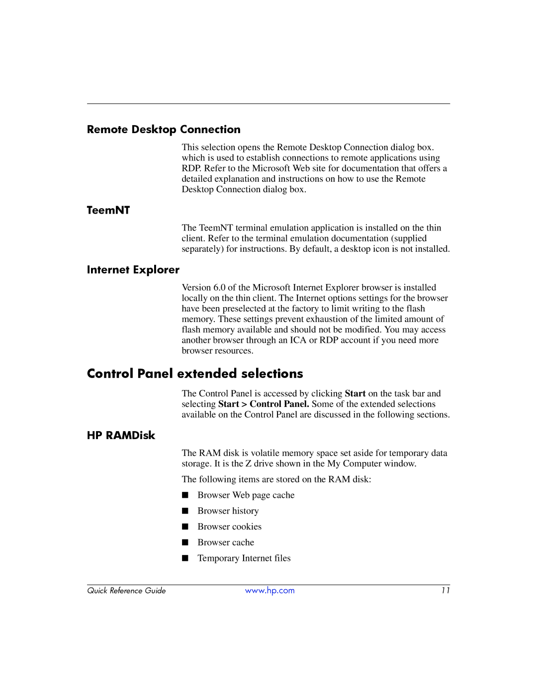 HP t5700 manual Control Panel extended selections, TeemNT, Internet Explorer, HP RAMDisk 