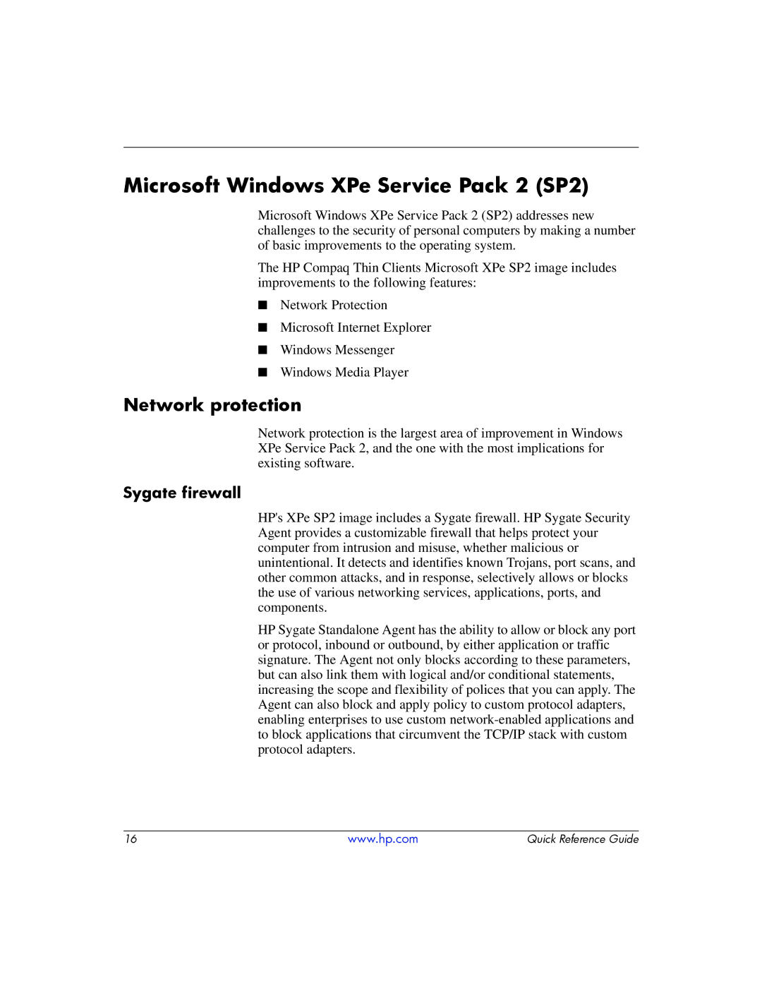 HP t5700 manual Network protection, Sygate firewall 